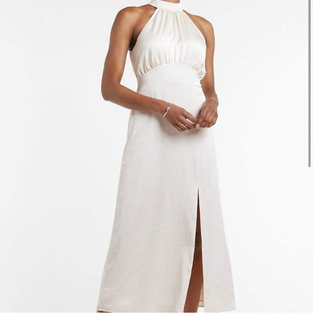 Express satin champagne/pink halter long dress